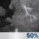 Monday Night: A 50 percent chance of showers and thunderstorms before 2am.  Mostly cloudy, with a low around 77. Light and variable wind becoming east southeast 5 to 8 mph in the evening. 
